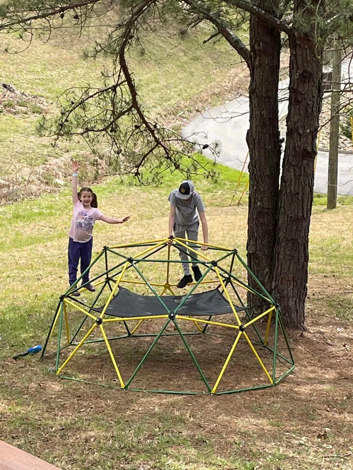Children are actively playing on a playground structure set amidst an open grassy area, shaded by a large tree. The scene captures a group of kids climbing, socializing, and laughing together outdoors, suggesting a welcoming, family-friendly environment.