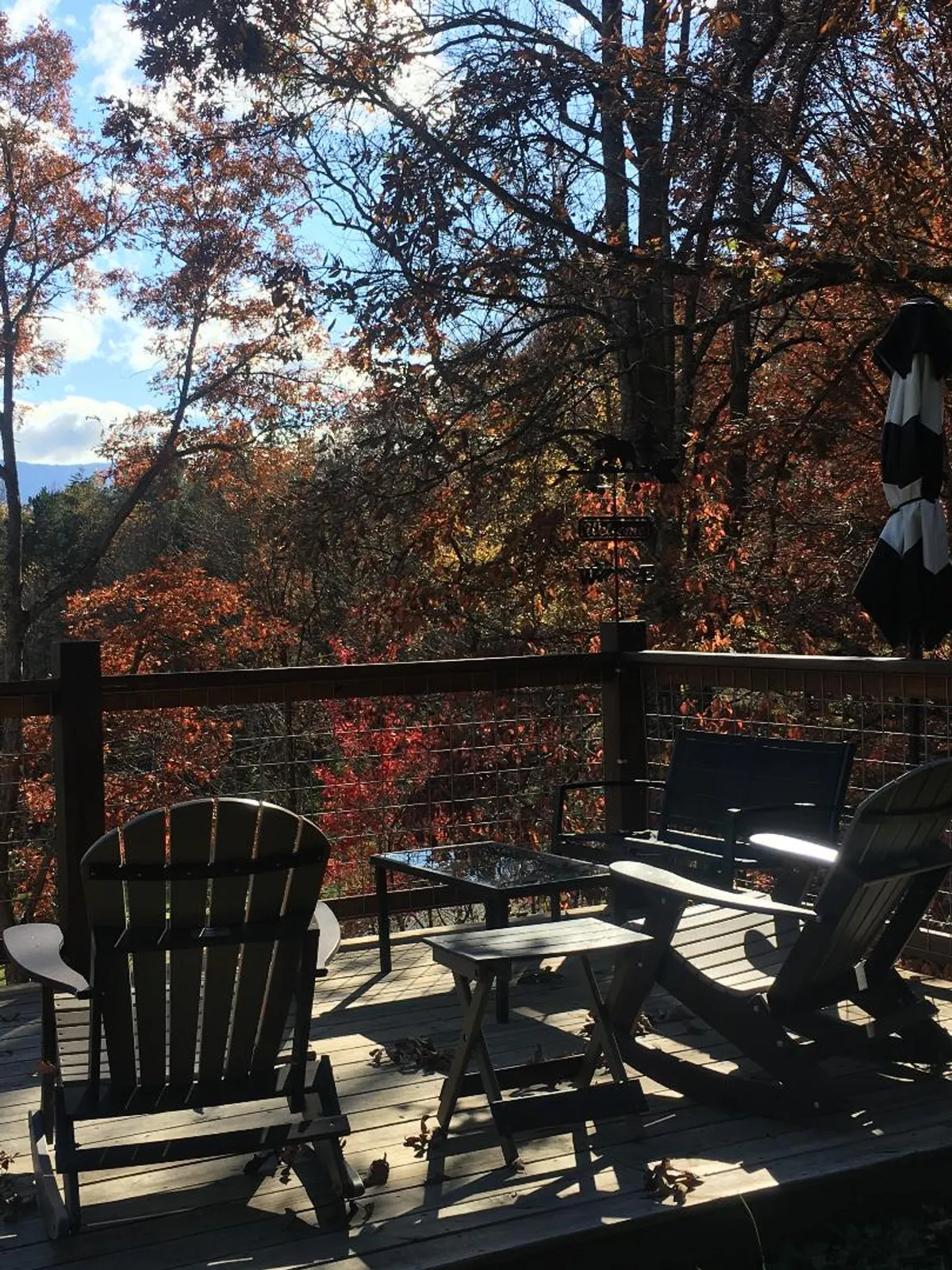 A wooden deck accented with Adirondack chairs and a small table, surrounded by vibrant autumn foliage. The inviting arrangement suggests a perfect spot for morning coffee, reading, or sharing quiet conversations, all while enveloped by the colors of the changing seasons.
